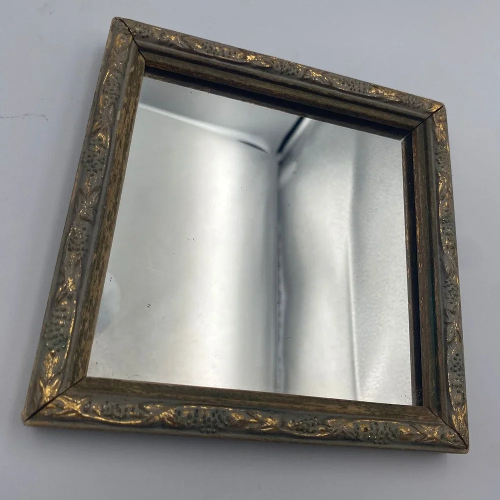 Vintage Ornate Gold Gilt Wood Frame Square Wall Mirror Floral Relief 6x6